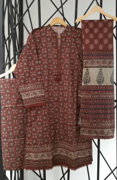 Pakistani Original Sadabahar Cotton Stitched 3 Pcs_Deep Maroon